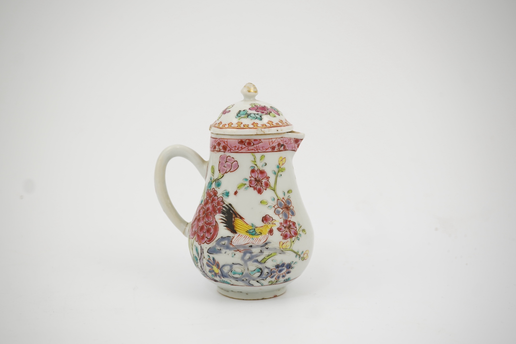 A Chinese famille rose ‘cockerel’ cream jug and cover, Yongzheng period